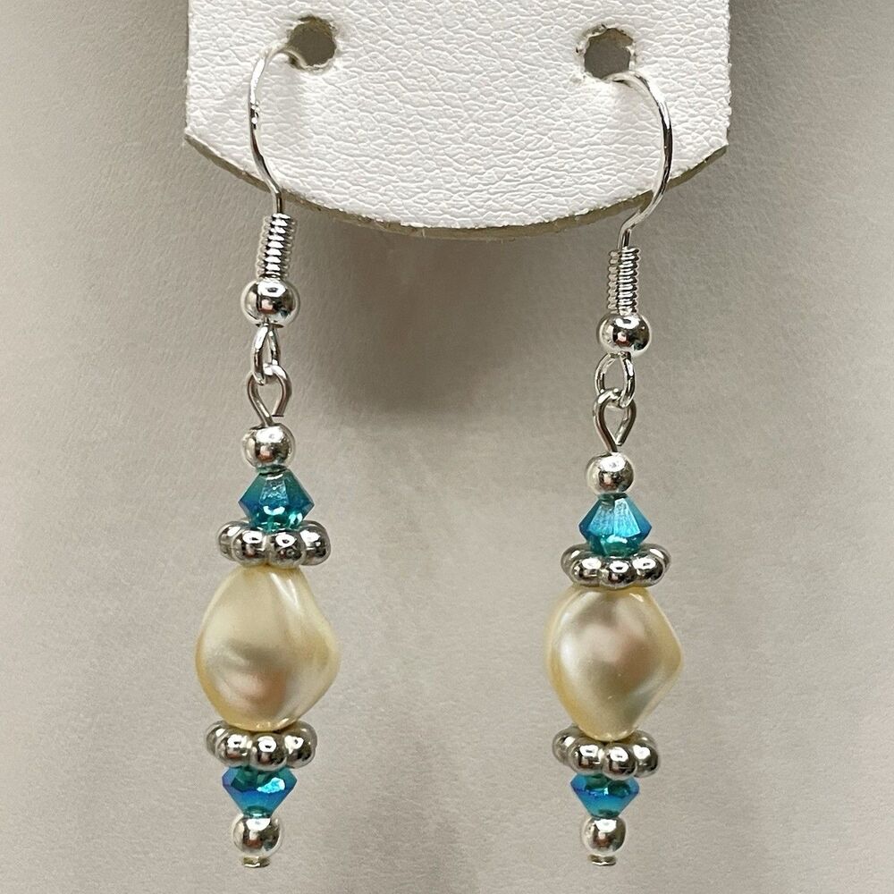 Artisan Made With Swarovski Crystal Pearl Teal Blue Beaded Dangle Earrings